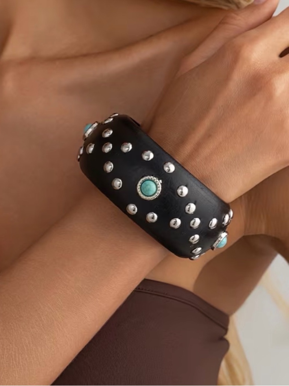 Western Bracelet Studded Black Wood Cuff Bracelet with Turquoise Accents